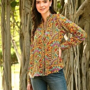 Anthropologie Yellow and Orange Graphic Blouse with Notched Collar sz M